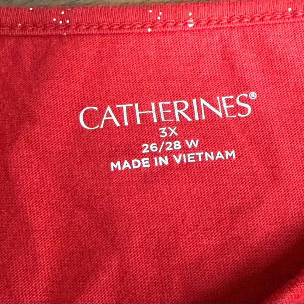 Catherines Red Sparkle Top 3X Plus Size Holiday Glitter Keyhole Blouse - Picture 6 of 7